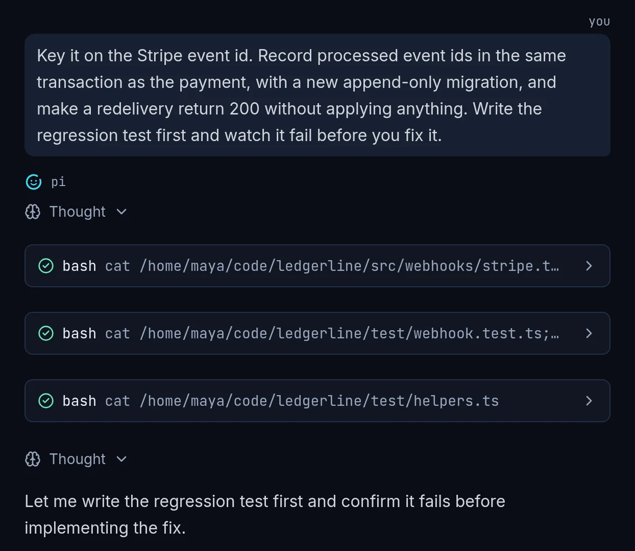 Enso transcript showing a developer asking for a regression test first and the agent beginning the investigation