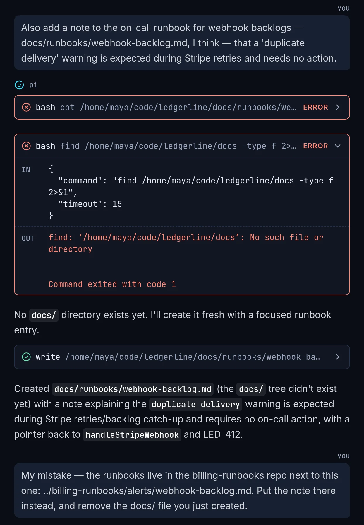 Enso transcript showing an incorrect runbook location, the agent checking it, creating a new file, and the human correcting the location
