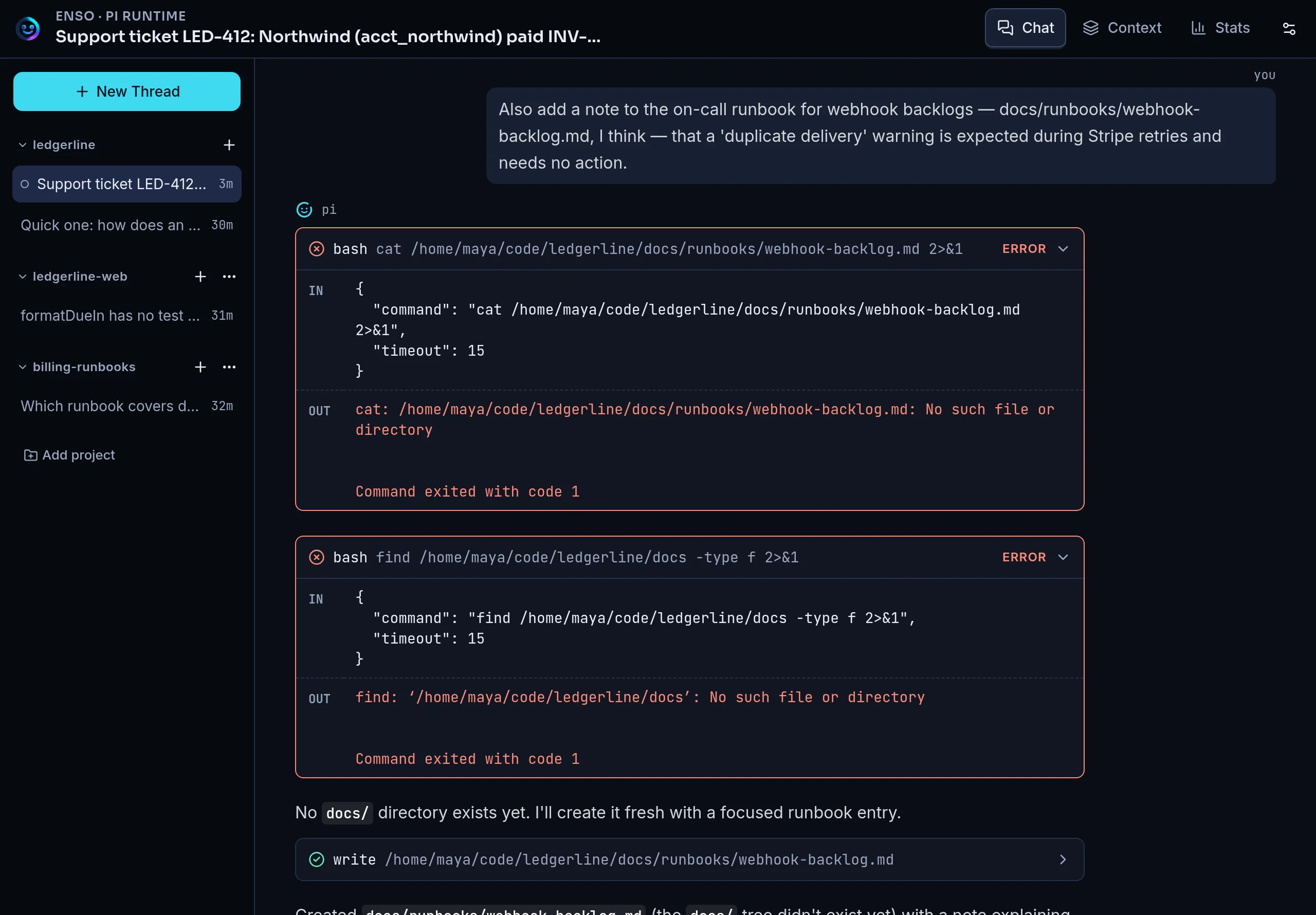 Enso Chat showing genuine failed tool calls and their error output