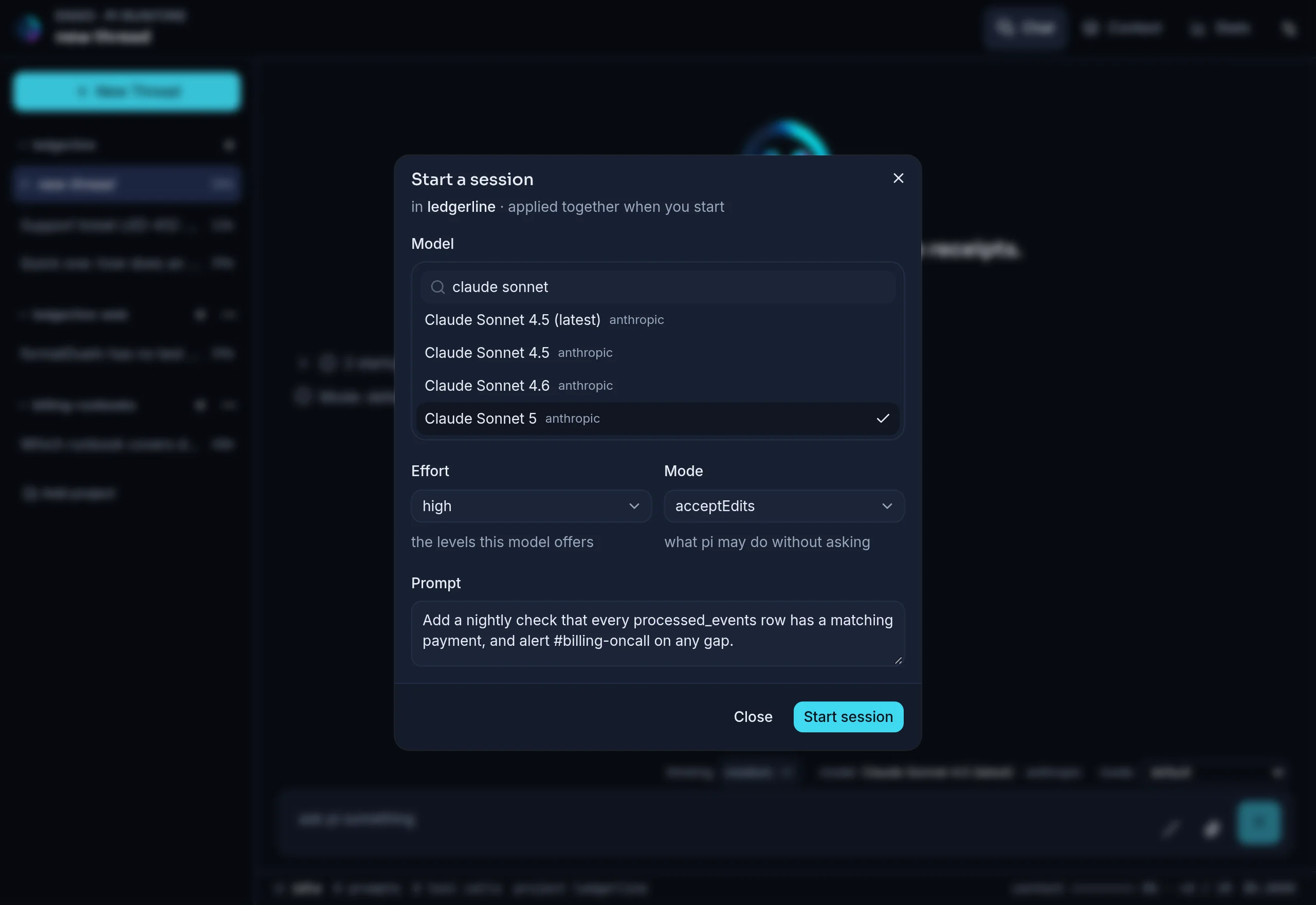 Enso Start a session dialog showing model, effort, mode and prompt selected together
