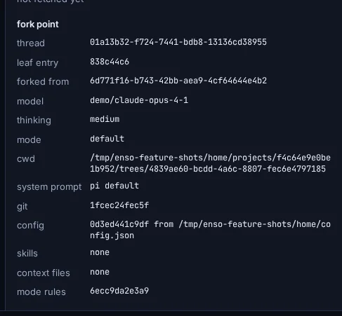 A fork point: the parent thread, the model, the permission mode, the system prompt and the recorded run conditions
