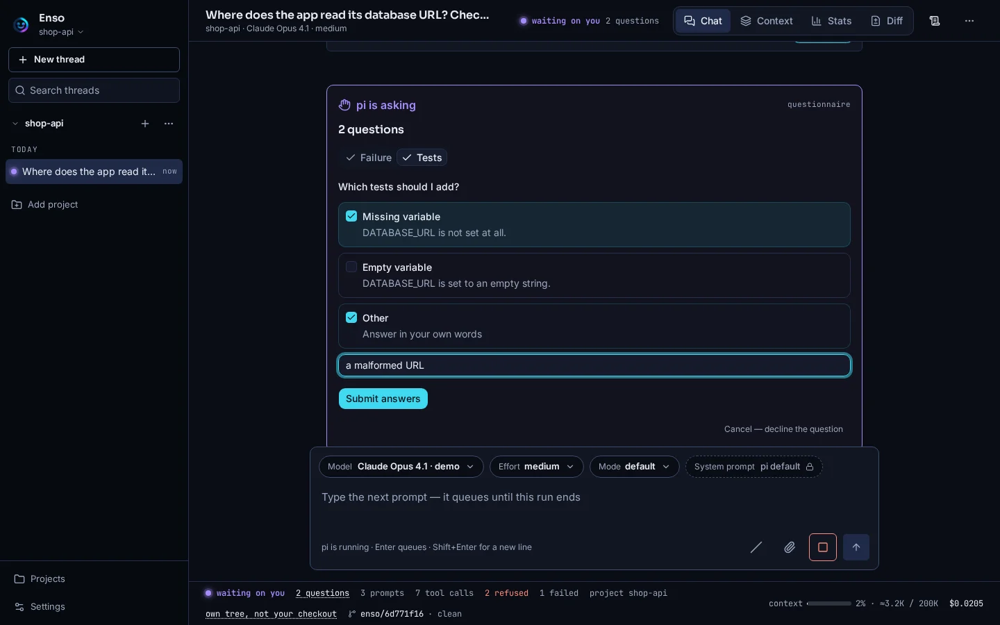 An Enso thread with the agent's questions waiting for the developer's answer
