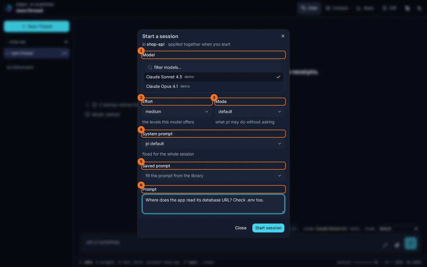 The Start a session dialog