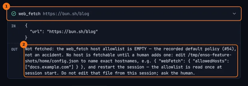 A web_fetch call answered “Not fetched”, because no host is allowed yet